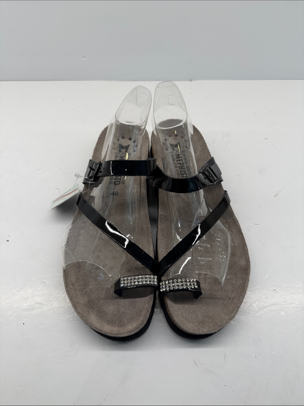 Mephisto Black Patent Rhinestone Thong Sandals